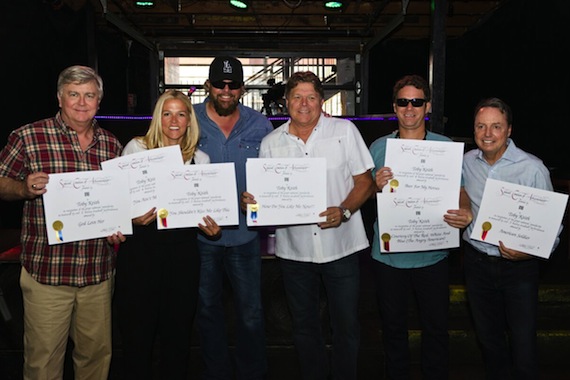 Pictured (L-R): BMIs Phil Graham and Leslie Roberts, BMI singer-songwriter Toby Keith, BMIs David Preston, BMI songwriter Scotty Emerick, BMIs Jody Williams. Photo: Nathan Zucker