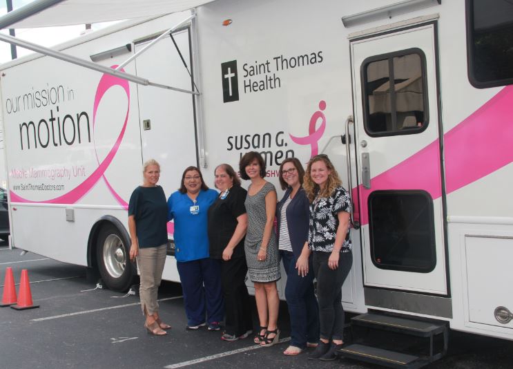 Pictured: (L-R): BMIs Leslie Roberts, Mobile Heath Unit Driver Debbie Padilla, Mammography Technologist Kelly Large, MusiCares Debbie Carroll, MusiCares Danielle Bowker and BMIs Nina Carter. 