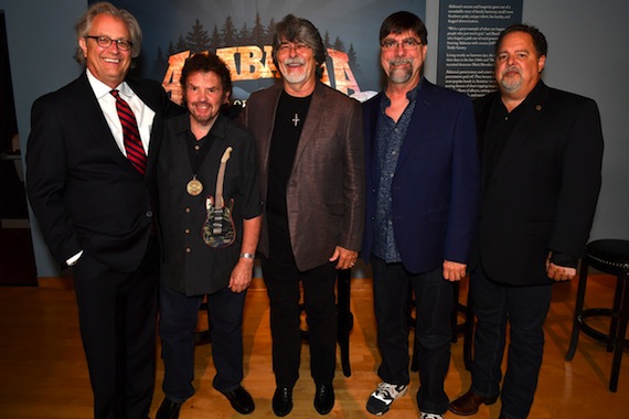 Pictured L-R: Kyle Young, CEO, Country Music Hall of Fame and Museum; Jeff Cook, Randy Owen, and Teddy Gentry of Alabama; Tony Conway, Conway Entertainment Group. Photo: Jason Davis/Getty Images