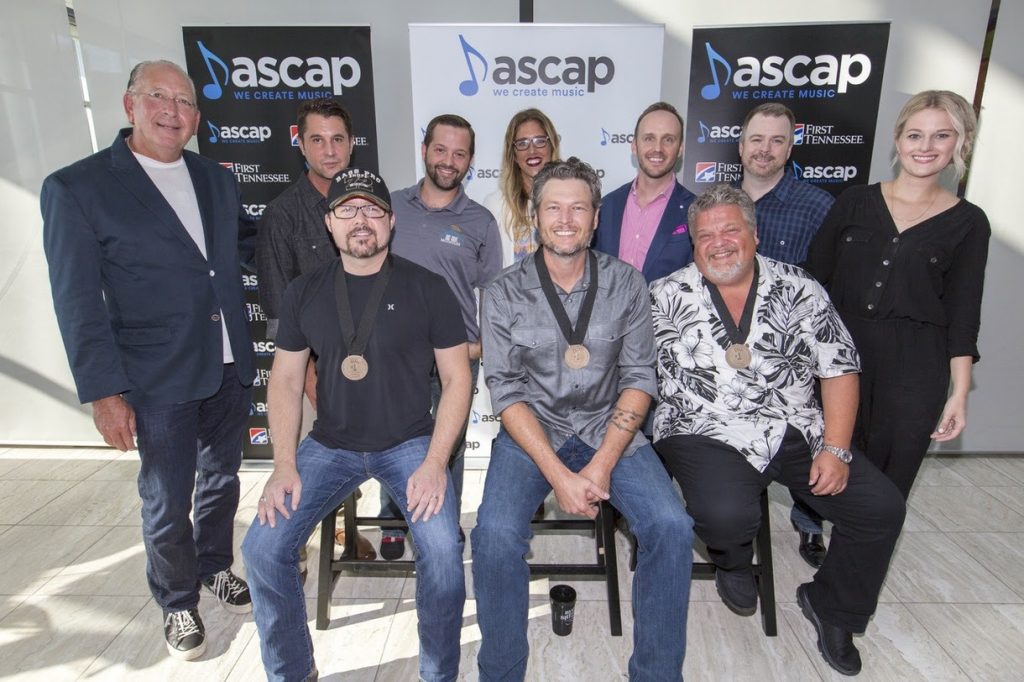 Pictured (L-R): Warner Music Nashville Chairman/CEO John Esposito, ASCAP VP of Nashville Membership Michael Martin, songwriter Deric Ruttan, Big Loud Shirt's Matt Turner, Round Hill Songs' Penny Gattis, Blake Shelton, THiS Music's Rusty Gaston, songwriter Craig Wiseman, Warner/Chappell Music Publishing's Ben Vaughn, ASCAP's Beth Brinker