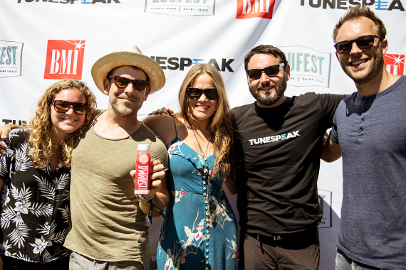 BMIs Nina Carter, guitarist Ford Thurston, BMI singer-songwriter Bonnie Bishop, Tunespeaks Tom Pernikoff and BMIs David Classaan hang out back stage at the BMI/Tunespeak stage at Loufest. (Photo: Jason Gonulsen.)