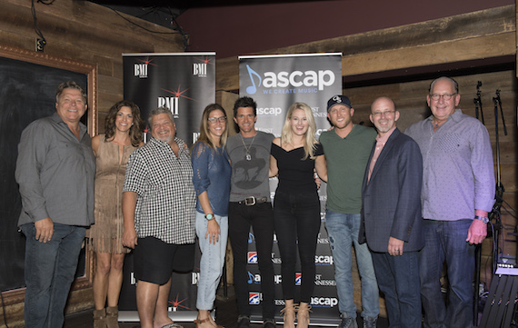 Pictured (L-R): BMIs David Preston, manager Kerri Edwards, Big Loud Mountains Craig Wiseman, Round Hills Penny Gattis, songwriter and producer Michael Carter, ASCAPs Beth Brinker, BMI artist Cole Swindell, Sony/ATV Tree Publishings Terry Wakefield and Warner Music Nashvilles John Esposito. Photo: Steve Lowry. 