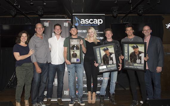 Pictured (L-R): Big Yellow Dogs Carla Wallace, Warner Music Nashvilles John Esposito, BMIs Josh Tomlinson, BMI singer-songwriter Cole Swindell, ASCAPs Beth Brinker, writer Adam Sanders, producer Michael Carter and Sony/ATV Tree Publishings Terry Wakefield. Photo: Steve Lowry 