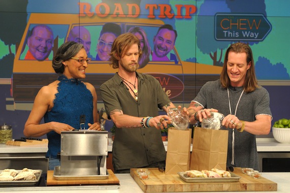 Pictured L-R: The Chew's Carla Hall with FGL's Brian Kelley and Tyler Hubbard. Photo: Paula Lobo/ABC 