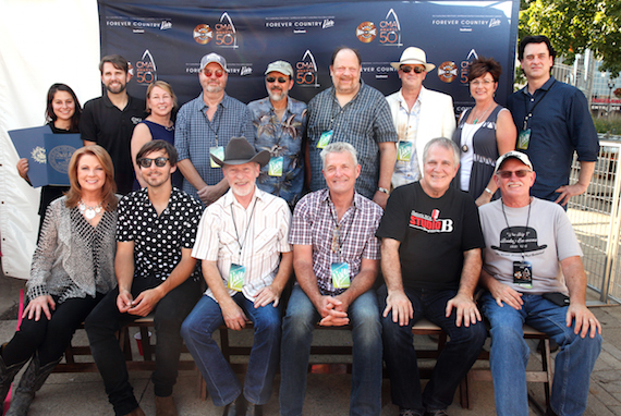 Back row, (L-R): Justine Avila, Music City Council Executive Director; Damon Whiteside, CMA Vice President of Marketing and Strategic Partnerships; Sarah Trahern, CMA Chief Executive Officer; Larry Franklin, Jeff Taylor, Andy Reiss, and Brad Albin of The Time Jumpers; Sharon Brawner, Country Music Hall of Fame and Museum Senior Vice President of Sales and Marketing; and Peter Cooper, Country Music Hall of Fame and Museum Editor. Front row (L-R): Patty Loveless, Charlie Worsham, and The Time Jumpers' Kenny Sears, Billy Thomas, Paul Franklin, and Joe Spivey. 