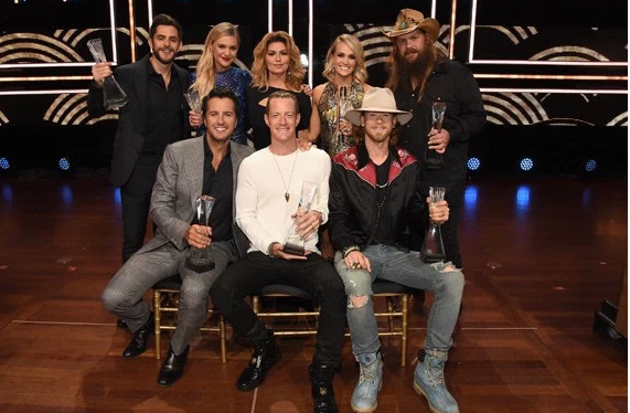 Pictured (L-R) top row: Honorees Thomas Rhett, Kelsea Ballerini, Shania Twain, Carrie Underwood, Chris Stapleton; (seated): Luke Bryan, Florida Georgia Lines Tyler Hubbard and Brian Kelley. Photo: Rick Diamond/Getty Images for CMT