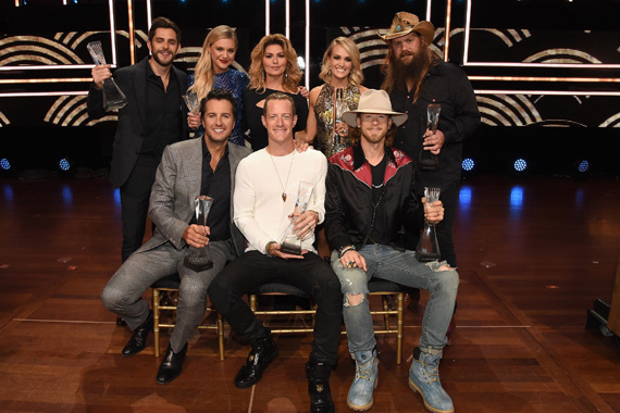 Pictured (L-R) top row: Honorees Thomas Rhett, Kelsea Ballerini, Shania Twain, Carrie Underwood, Chris Stapleton; (seated): Luke Bryan, Florida Georgia Line's Tyler Hubbard and Brian Kelley. Photo: Rick Diamond/Getty Images for CMT