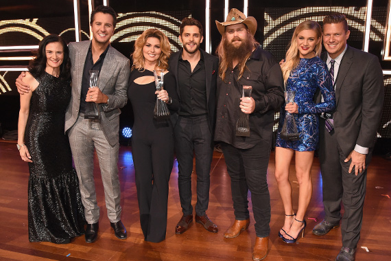 Pictured (L-R): CMT's Leslie Fram, Luke Bryan, Shania Twain, Thomas Rhett, Chris Stapleton, Kelsea Ballerini and XXX. Photo: Rick Diamond/Getty Images for CMT