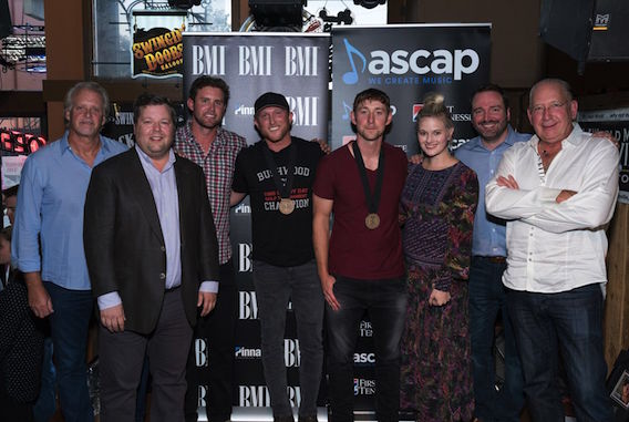 Pictured (L-R): Combustion Musics Chris Farren, BMIs Bradley Collins, Warner Chappells Ryan Beuschel, Cole Swindell, Ashley Gorley, ASCAPs Beth Brinker, Sony ATVs Josh VanValkenburg, Warner Music Groups John Esposito Photo: Steve Lowry