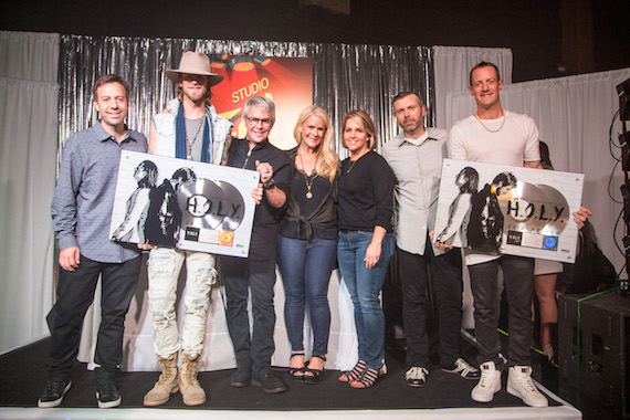 Pictured (L-R): BMLG Records VP Promotion Matthew Hargis, Brian Kelley, BMLG EVP/BMLG Records President Jimmy Harnen, BMLG SVP of A&R Allison Jones, BMLG SVP of Sales, Marketing and Interactive Kelly Rich, BMLG COO Andrew Kautz and Tyler Hubbard