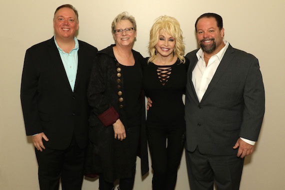 L-R: Webster PR's Kirt Webster, CMHoF Senior Vice President Museum Services Carolyn Tate, Dolly Parton, CTM Management's Danny Nozell