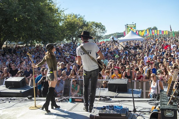 BMI singer-songwriter Maren Morris pauses during her set with guitarist Bennett Lewis on the BMI Stage at ACL Fest. Photo by Erika Goldring.