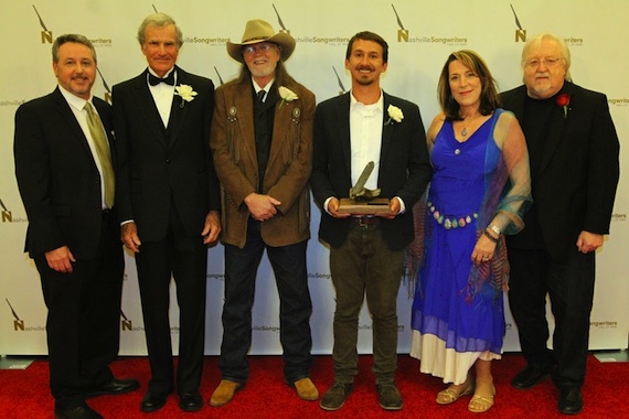 NaSHOF Executive Director Mark Ford; Hall of Fame Inductees Bob Morrison, Aaron Barker, Will Van Zandt accepting for Townes Van Zandt, Beth Nielsen Chapman and NaSHOF Board Chair and Hall of Fame member Pat Alger. Photo: Bev Moser