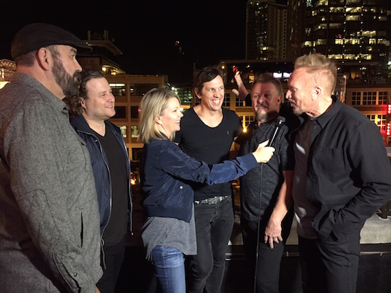 Pictured (L-R): NewSongs Billy Goodwin, Mark Clay, Matt Butler, Jack Pumphrey and Eddie Carswell speak with Nashville Insiders" Jennifer Vickery Smith following the tour lineup announcement. 