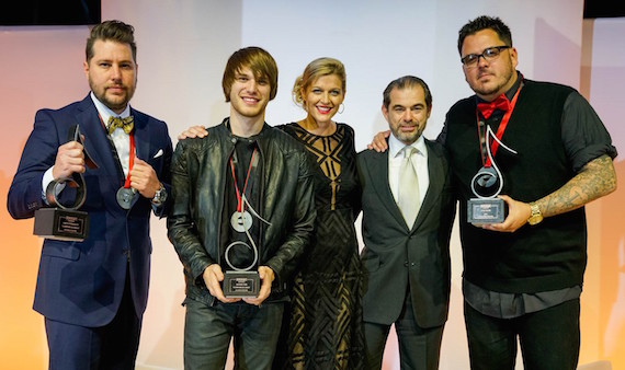 2016 SESAC Nashville Music Awards Song of the Year Somewhere On A Beach recipients Jaron Boyer and Michael Tyler, SESAC VP of Creative Services Shannan Hatch, SESAC Chairman and CEO John Josephson, and SESCAC Songwriter of the Year Josh Hoge (right). 