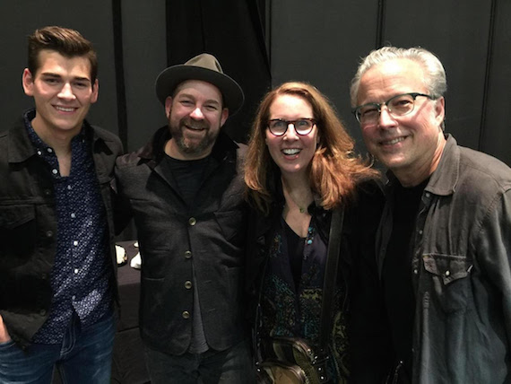 Pictured (L-R): Cast member Zach Seabaugh, Troubadour composer Kristian Bush, playwright Janece Shaffer, and Radney Foster. Photo: Ariel Tinter. 