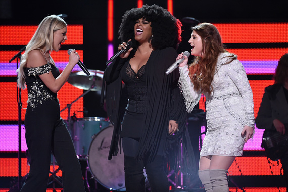 Pictured (L-R): Kelsea Ballerini, Jill Scott, Meghan Trainor. Photo: John Shearer/Getty Images for CMT