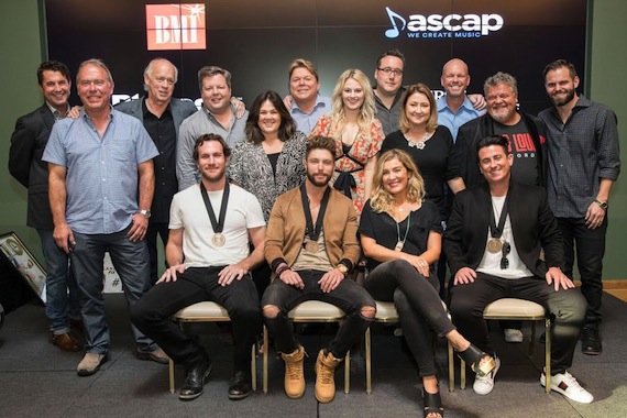 Pictured L-R: (back row) ASCAP's Michael Martin, Round Hill Music's Mark Brown, Big Yellow Dog's Kerry O'Neil, BMI's Bradley Collins, Big Yellow Dog's Carla Wallace, BMI's David Preston, ASCAP's Beth Brinker, Big Loud Records' Joey Moi, Major Bob's Music's Tina Crawford, Big Loud Records' Clay Hunnicut, Craig Wiseman, and Seth England (front row) Abe Stoklasa, Chris Lane, Sarah Buxton, Jesse Frasure. Photo: John Russell