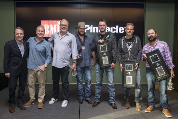 Pictured (L-R): Pictured: (L-R): BMIs Jody Williams, Sony ATVs Troy Tomlinson, UMG Nashvilles Mike Dungan, BMI songwriter Jeff Hyde, BMI artist Eric Church, Q Prime Managements John Peets and Little Louders Arturo Buenahora. Photo: John Russell.