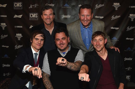 (Back Row, L-R): CMS Nashville Chairman and CEO Chris King and Jostens VP Curt Bruns, (Front Row, L-R): CMS Nashville Songwriter of the Year honorees Ross Copperman, Josh Hoge, and Ashley Gorley. Photo: Rick Diamond/Getty Images for CMS