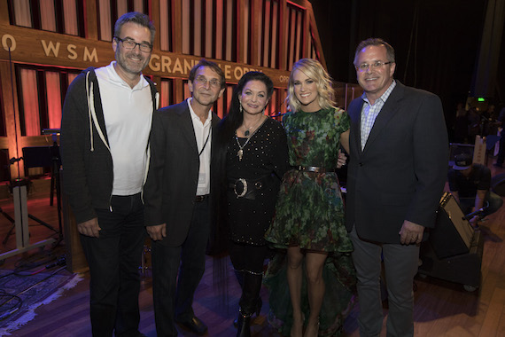 Pictured (L-R): Steve Buchanan, President, Opry Entertainment, Bill Gatzimos, Crystal Gayle, Carrie Underwood, Pete Fisher, VP/GM Grand Ole Opry. Photo: Chris Hollo for the Grand Ole Opry