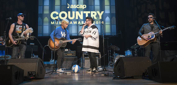 Ashley Gorley, Dan + Shay and Chris DeStefano perform "Nothin' Like You" in costume as each other. Photo: Ed Rode 