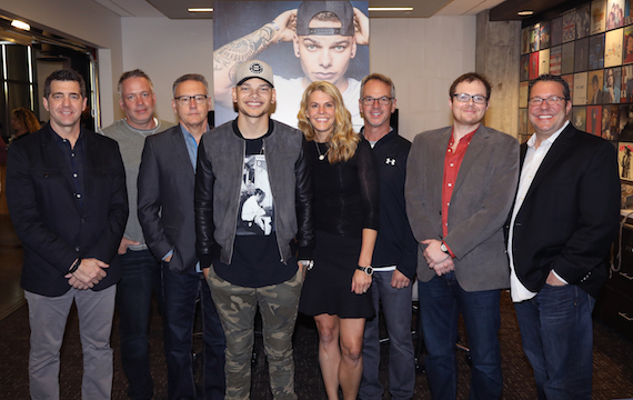 Pictured (L-R): Sony Music Nashville EVP & COO Ken Robold, SVP Promotion RCA Nashville Keith Gale, Sony Music Nashville Chairman & CEO Randy Goodman, RCA Nashville/Zone 4s Kane Brown; Martha Earls, EFG Management; EVP Promotion & Artist Development Steve Hodges; Noah McPike, Almon Law; and EVP/GM Universal Music Publishing Group Kent Earls. 