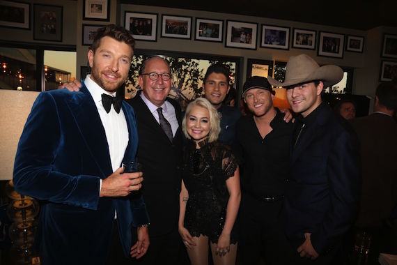 Pictured (L-R): Brett Eldredge, John Esposito, RaeLynn, Dan Smyers, CMA New Artist of the Year nominee Cole Swindell and William Michael Morgan.