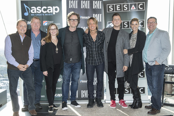 Pictured (L-R): BMIs Jody Williams, ASCAPs Mike Sistad, BMGs Sara Knabe, Greg Wells, Keith Urban, JHart, SESACs Shannon Hatch and Universals Kent Earls. Photo: John Russell. 