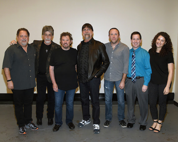 (l-r): Conway Entertainments Tony Conway; Alabamas Randy Owen, Jeff Cook, and Teddy Gentry; Conway Entertainments Brandon Mauldin, and the Country Music Hall of Fame and Museum's Michael Gray and Abi Tapia. Photo by Rick Diamond, Getty Images