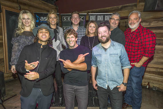 Pictured (L-R): (front row) Co-writers Shy Carter (BMI), Mercury Nashville recording artist Billy Currington (ASCAP) and Cary Barlowe (SESAC), (back row) ASCAP's Beth Brinker, SESAC's Shannan Hatch, BMI's Josh Tomlinson, Major Bob Music's Tina Crawford, BMG's Chris Oglesby and Mercury Nashville's Damon Moberly. Photo by Ed Rode. 