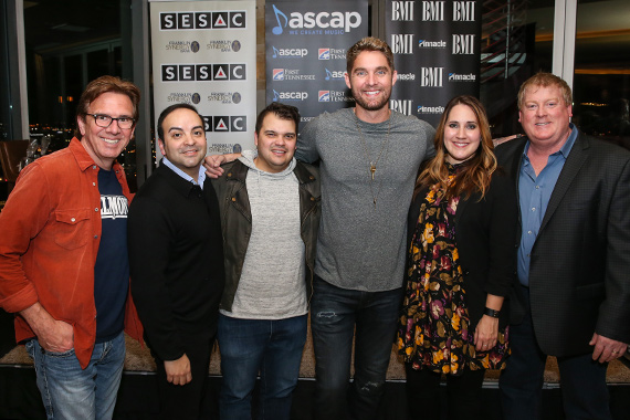 Pictured (L-R): Producer Dann Huff; publisher Big Machine Music's Mike Molinar; co-writers Justin Ebach, Brett Young and Kelly Archer; and ASCAP's Mike Sistad. Photo: Terry Wyatt. 