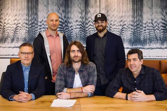 Pictured (First Row, L-R): Randy Goodman - Sony Music Nashville Chairman & CEO, Ryan Hurd, Ken Robold  Sony Music Nashville COO. (Back Row, L-R): George Couri - Triple 8 Management, Bruce Kalmick - Triple 8 Management